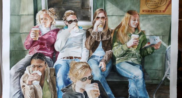 Group of girls enjoying coffee on the porch. By Barb Risi